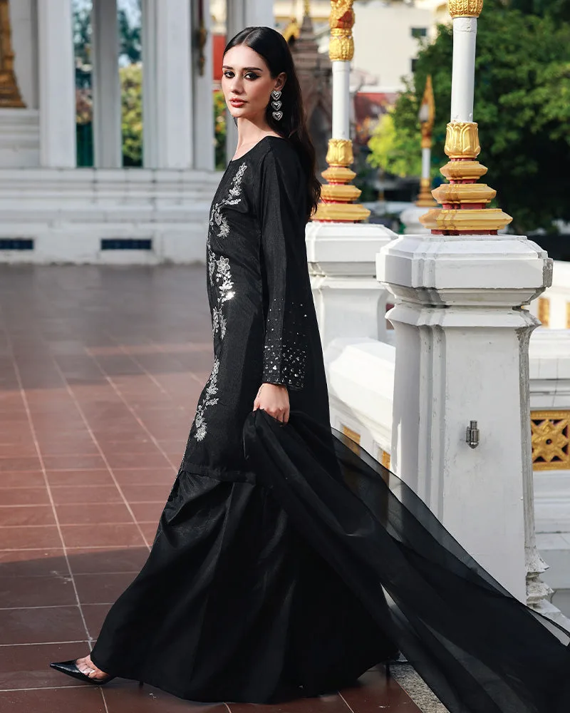 Black raw silk shirt with organza dupatta, formal ensemble – view 4 – Poshaq