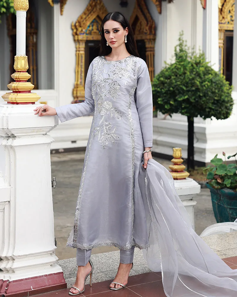 silver long shirt in silk and organza with subtle sheen – view 1 – Poshaq