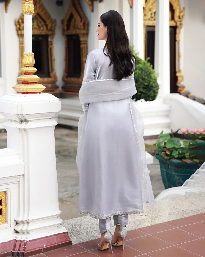 silver long shirt in silk and organza with subtle sheen – view 2 – Poshaq