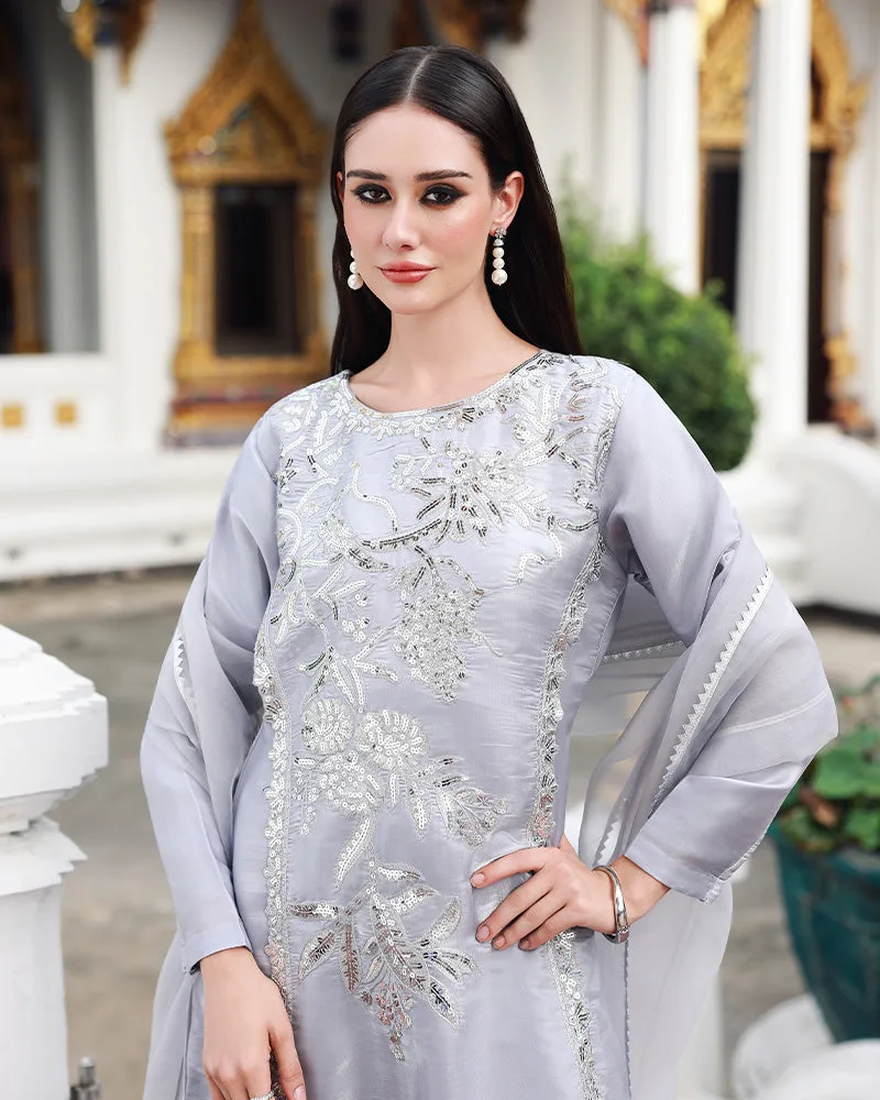 silver long shirt in silk and organza with subtle sheen – view 3 – Poshaq