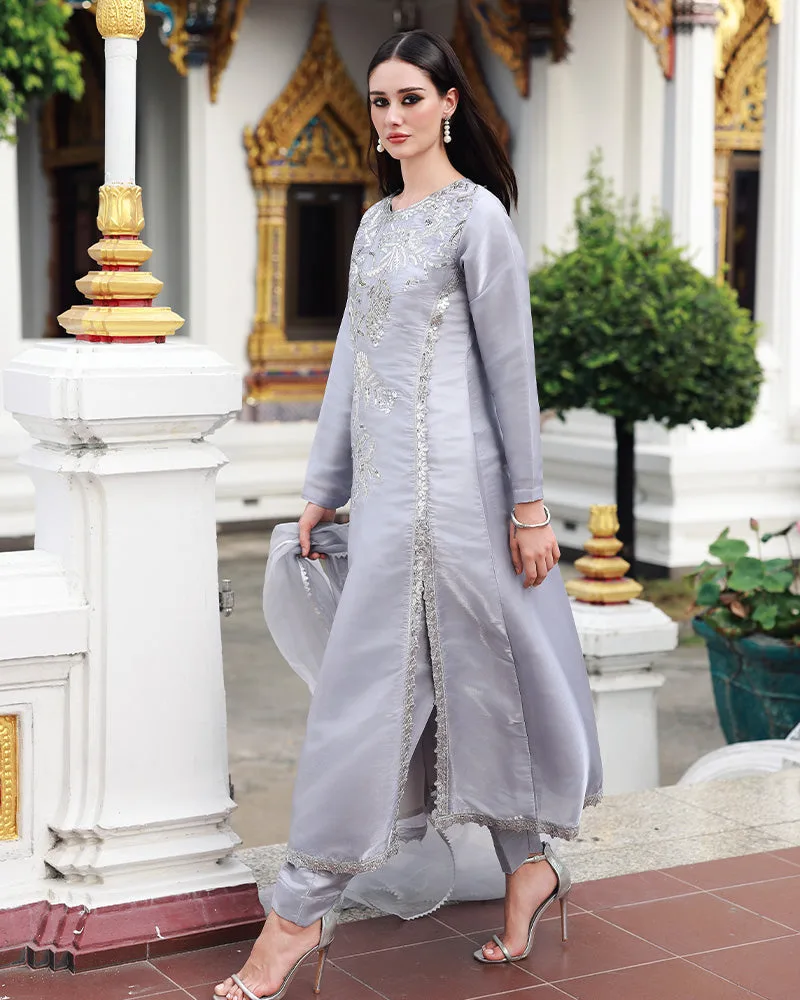 silver long shirt in silk and organza with subtle sheen – view 4 – Poshaq