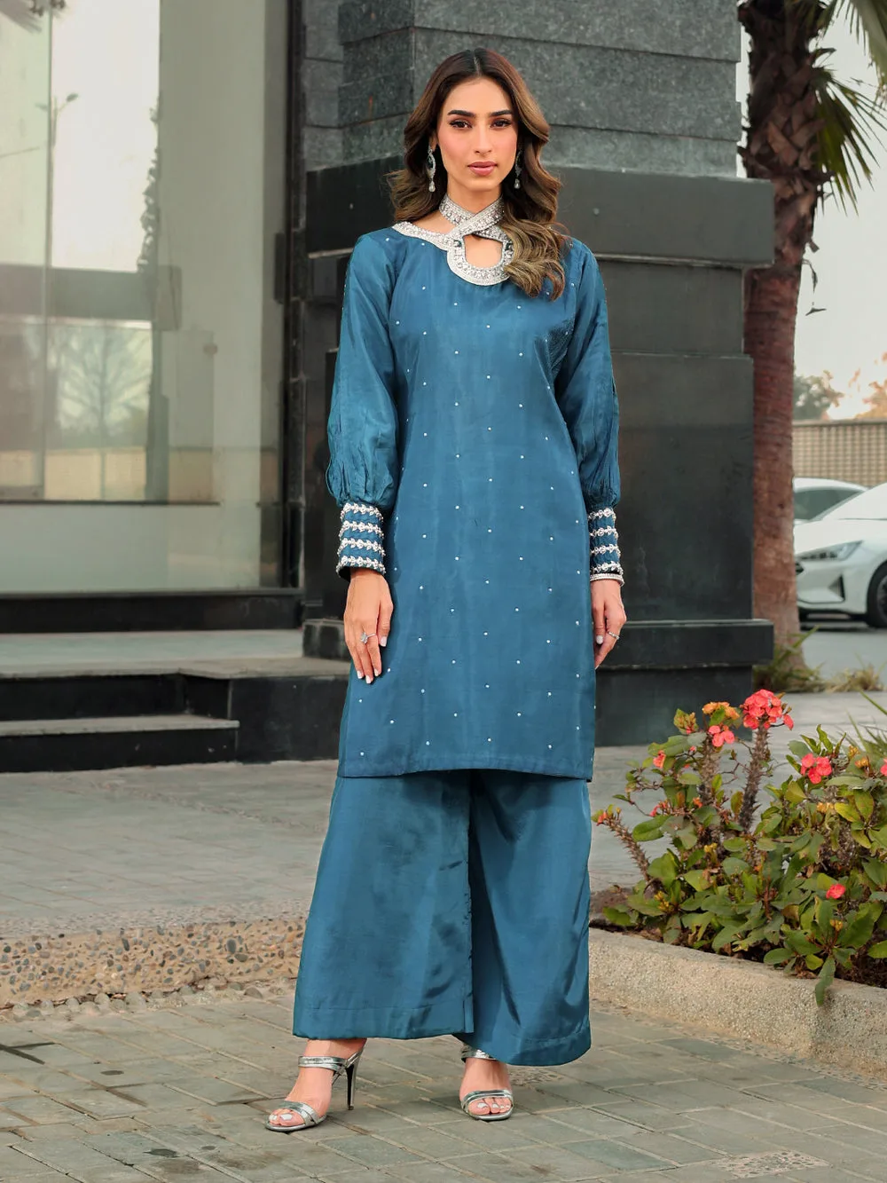 Silk teal blue top with subtle hand‑composed detailing – view 1 – Poshaq