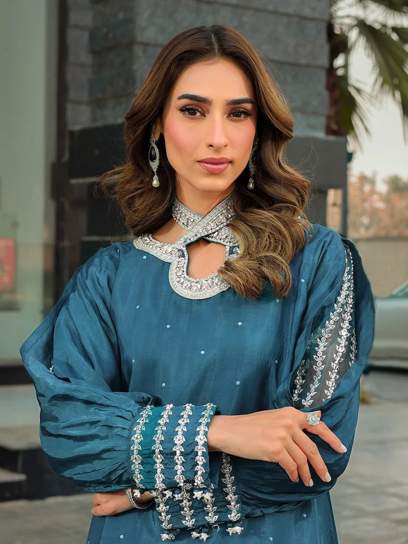 Silk teal blue top with subtle hand‑composed detailing – view 11 – Poshaq