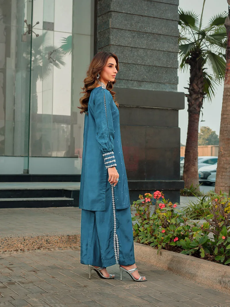 Silk teal blue top with subtle hand‑composed detailing – view 12 – Poshaq