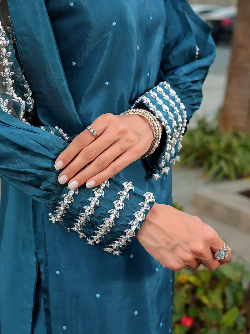 Silk teal blue top with subtle hand‑composed detailing – view 13 – Poshaq