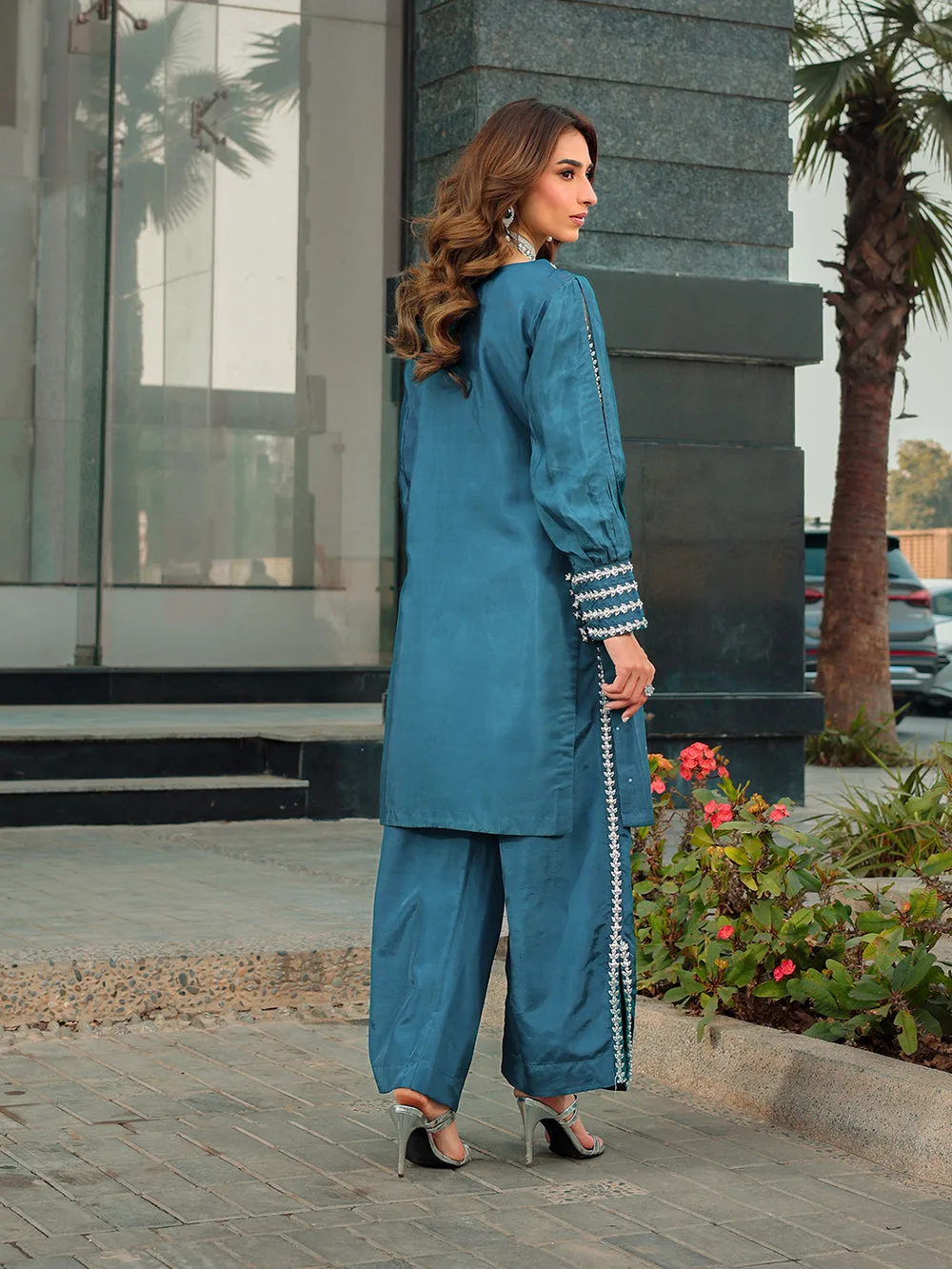 Silk teal blue top with subtle hand‑composed detailing – view 2 – Poshaq