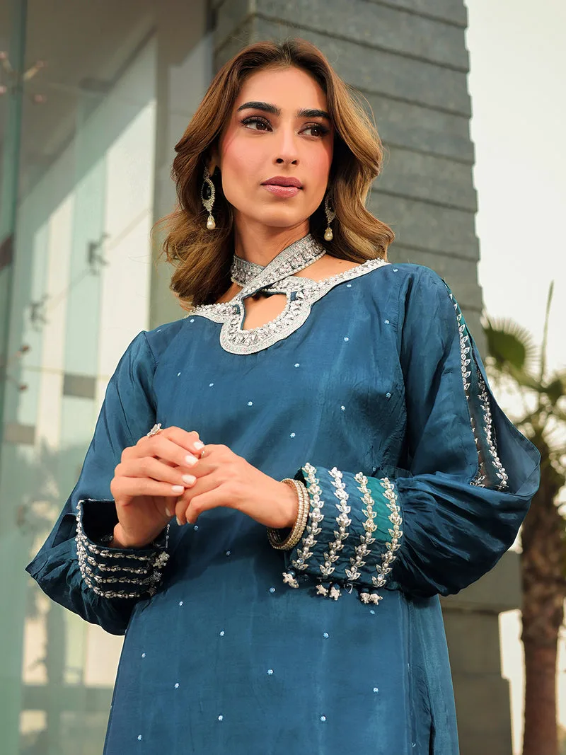 Silk teal blue top with subtle hand‑composed detailing – view 3 – Poshaq