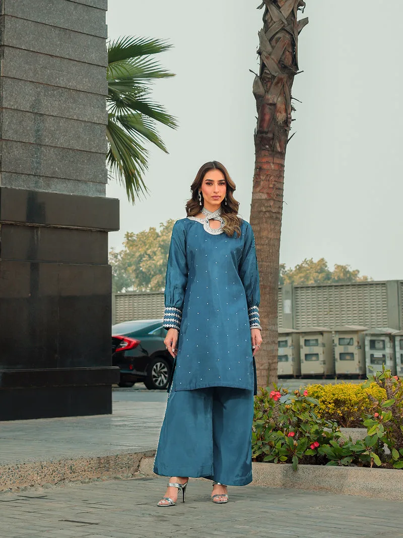 Silk teal blue top with subtle hand‑composed detailing – view 4 – Poshaq