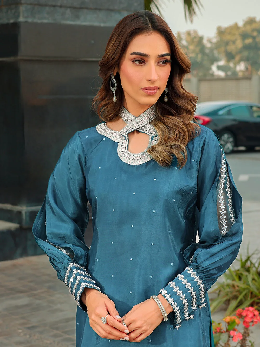 Silk teal blue top with subtle hand‑composed detailing – view 5 – Poshaq