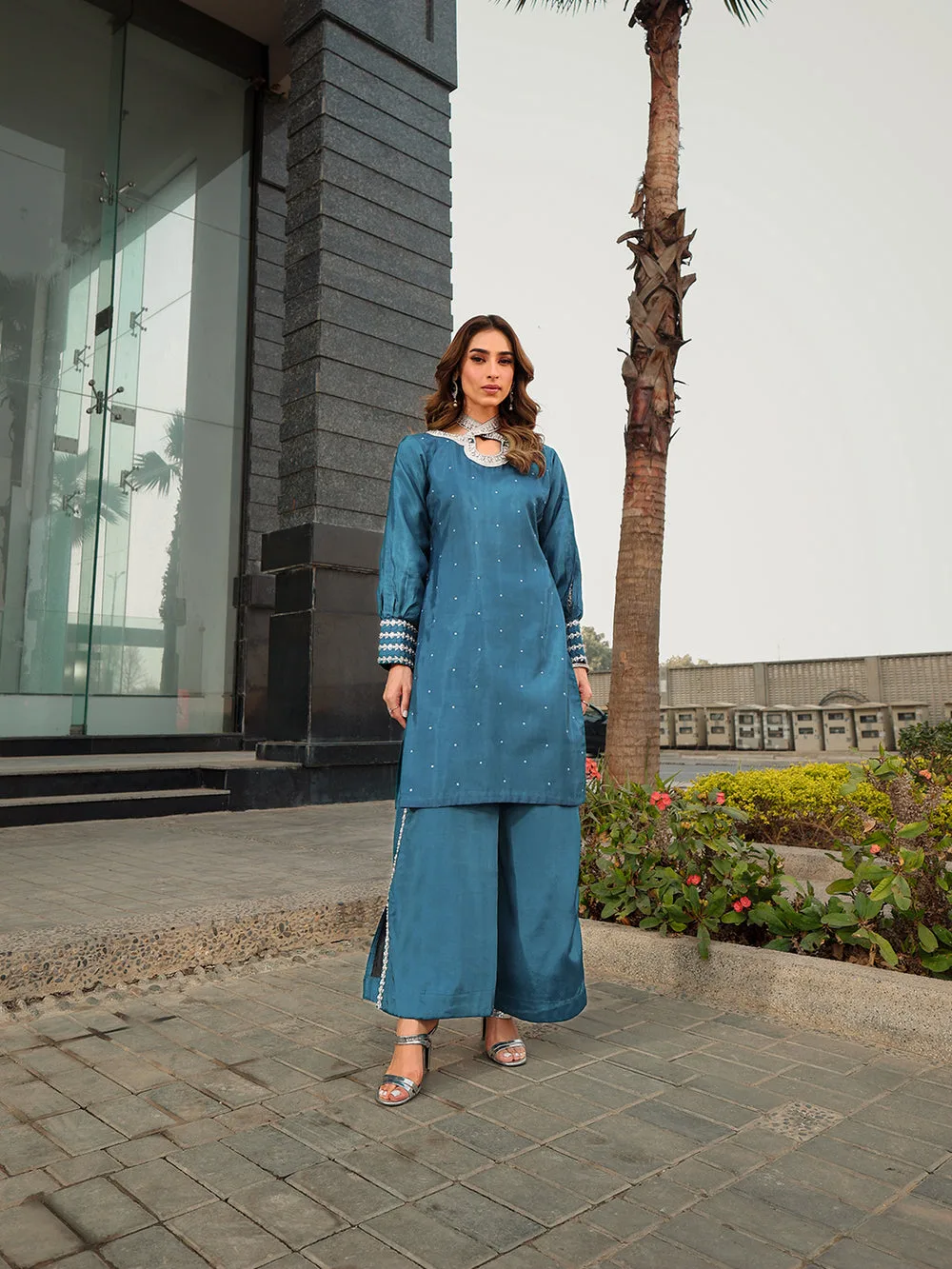 Silk teal blue top with subtle hand‑composed detailing – view 6 – Poshaq