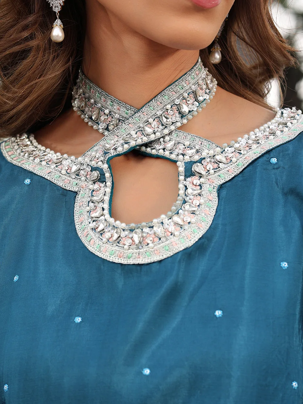 Silk teal blue top with subtle hand‑composed detailing – view 7 – Poshaq