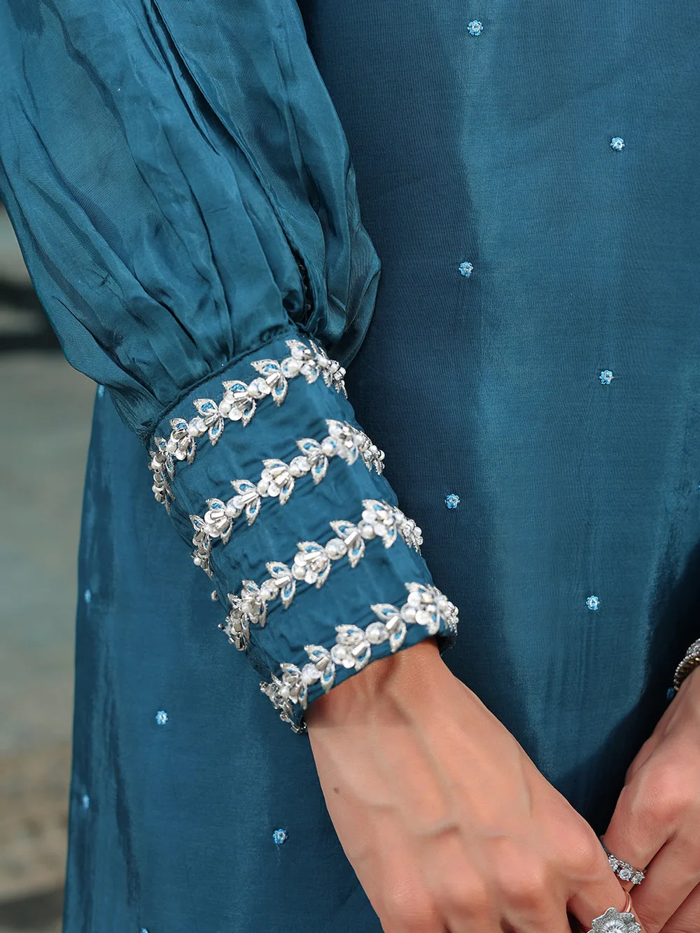 Silk teal blue top with subtle hand‑composed detailing – view 8 – Poshaq