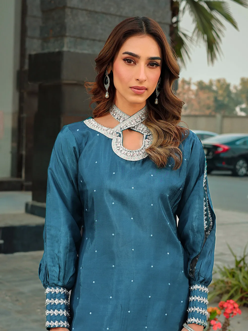 Silk teal blue top with subtle hand‑composed detailing – view 9 – Poshaq