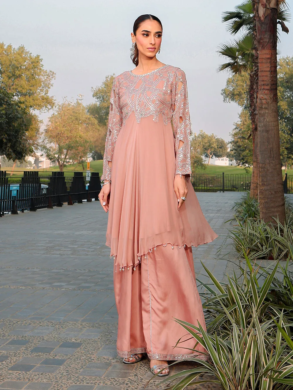 Peach pink chiffon suit with viscose sharara panel and pearl embroidery – view 1 – Poshaq