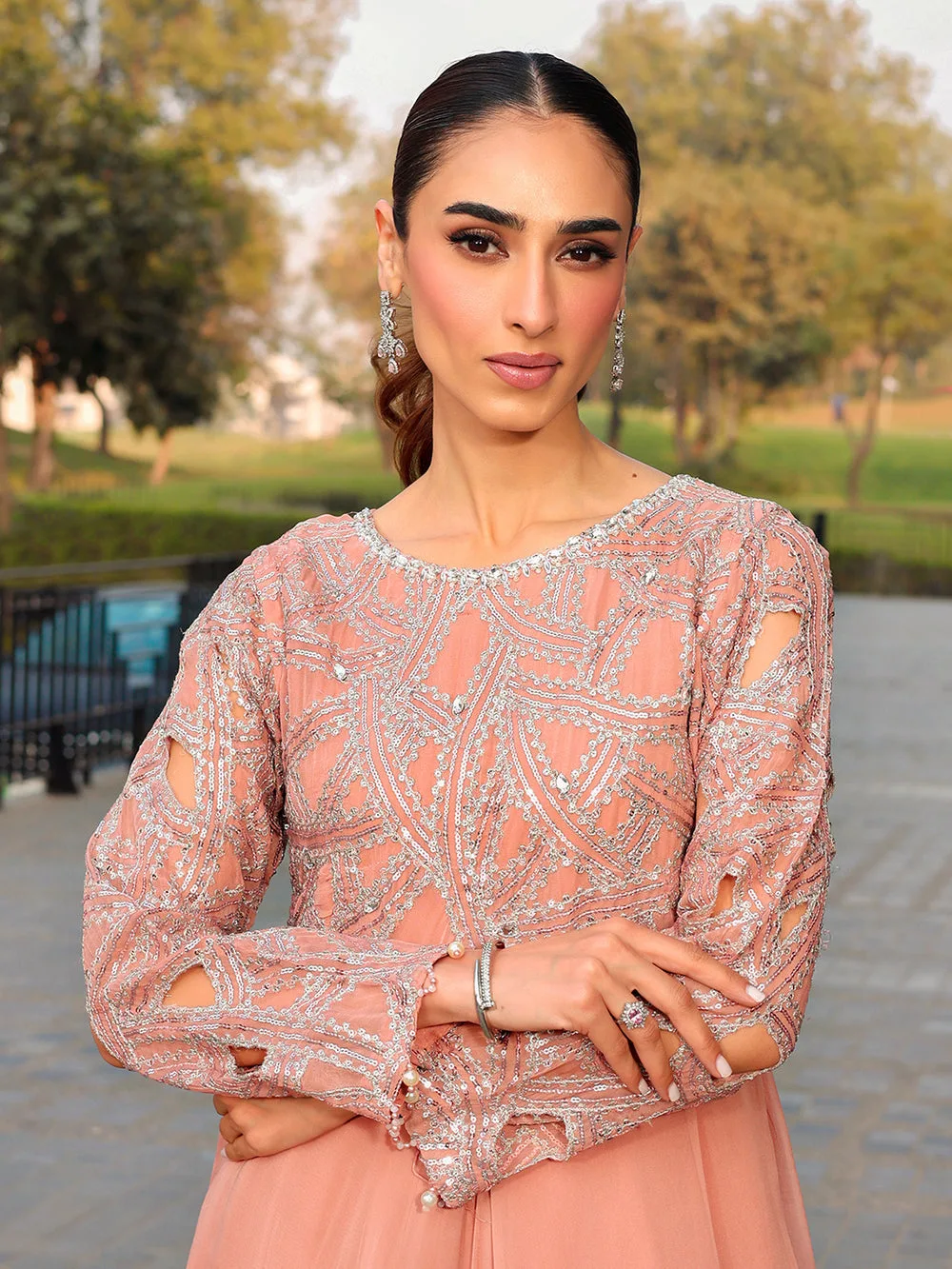 Peach pink chiffon suit with viscose sharara panel and pearl embroidery – view 10 – Poshaq