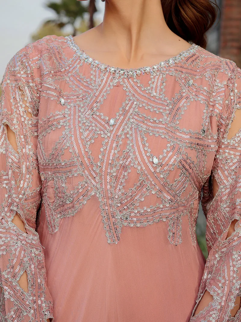 Peach pink chiffon suit with viscose sharara panel and pearl embroidery – view 11 – Poshaq