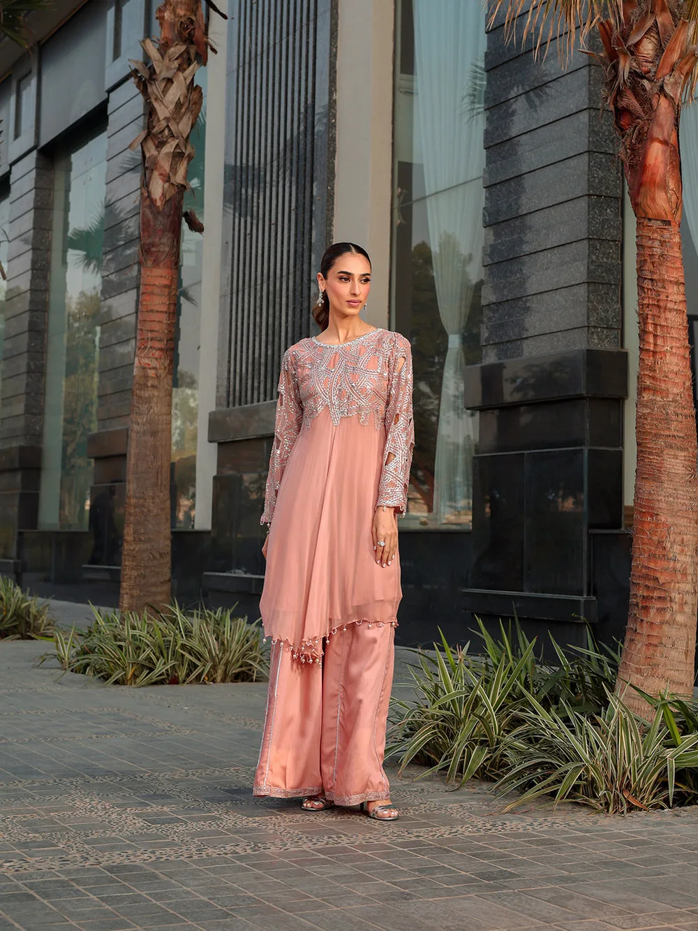 Peach pink chiffon suit with viscose sharara panel and pearl embroidery – view 12 – Poshaq