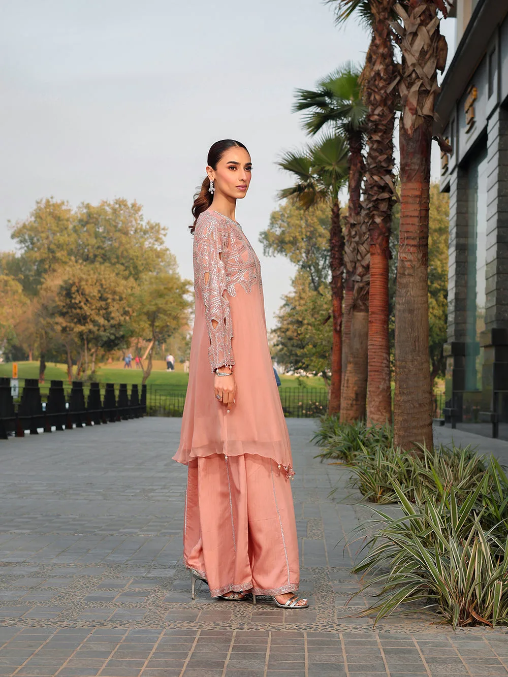 Peach pink chiffon suit with viscose sharara panel and pearl embroidery – view 13 – Poshaq