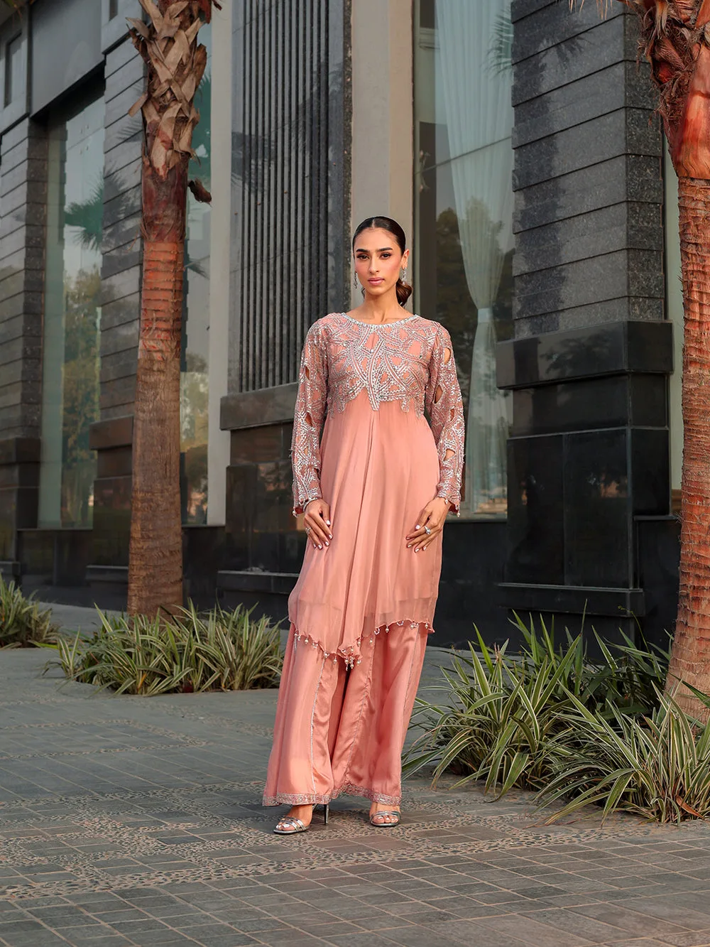 Peach pink chiffon suit with viscose sharara panel and pearl embroidery – view 14 – Poshaq