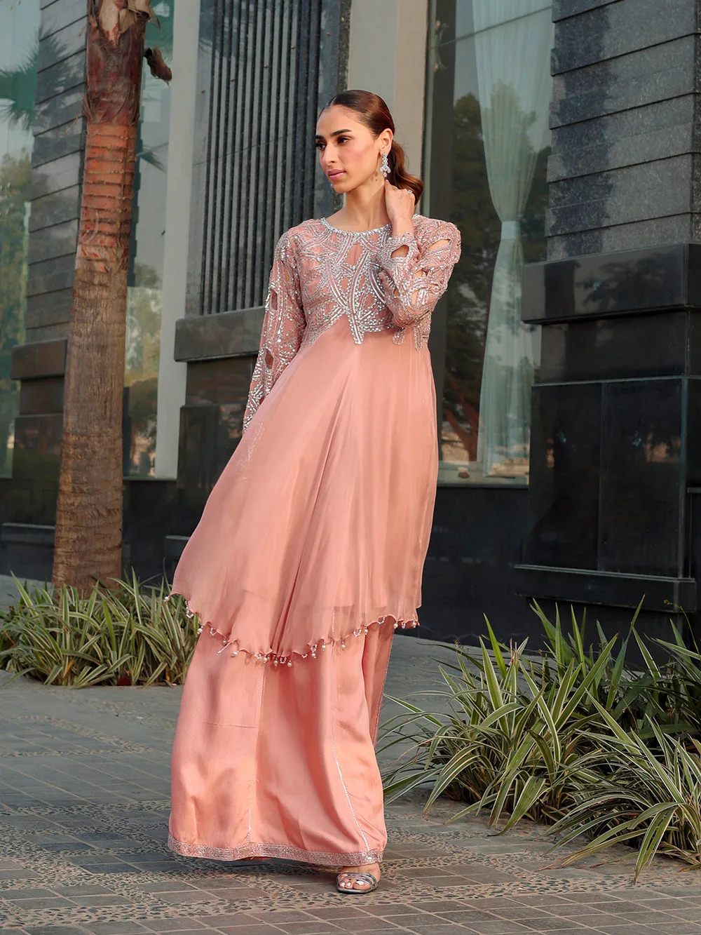 Peach pink chiffon suit with viscose sharara panel and pearl embroidery – view 15 – Poshaq