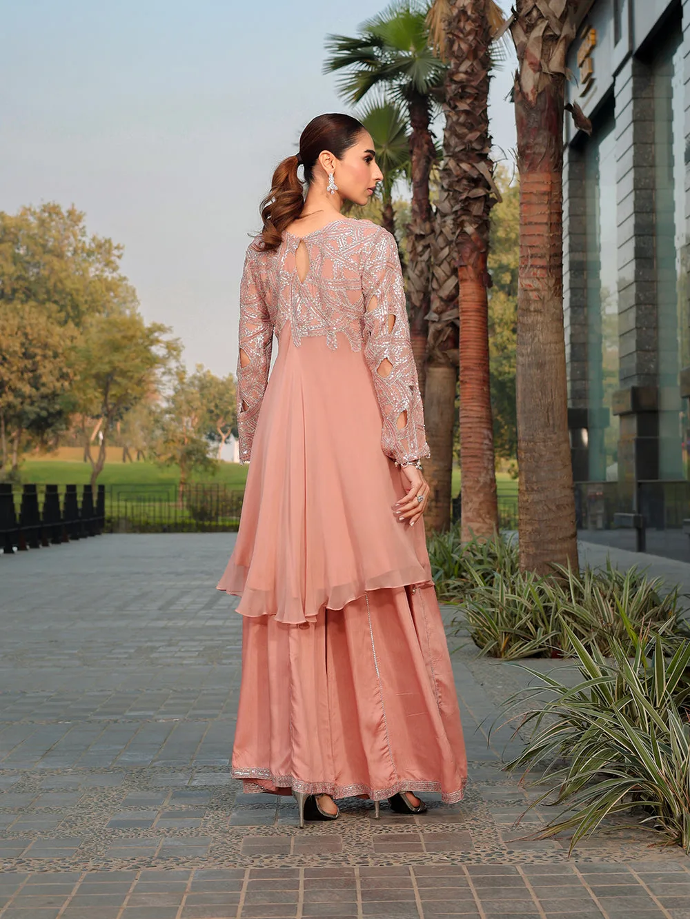 Peach pink chiffon suit with viscose sharara panel and pearl embroidery – view 2 – Poshaq
