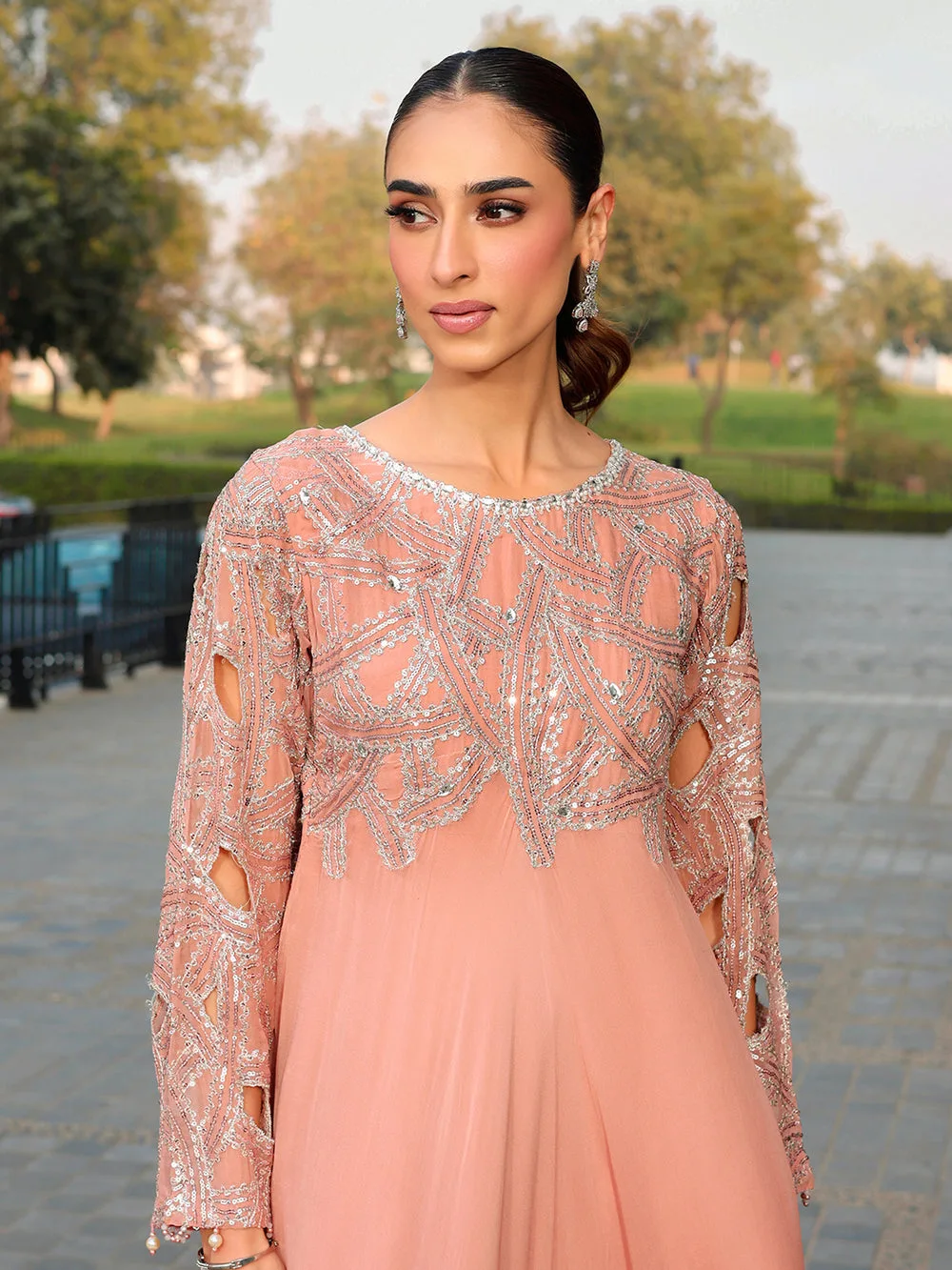 Peach pink chiffon suit with viscose sharara panel and pearl embroidery – view 3 – Poshaq