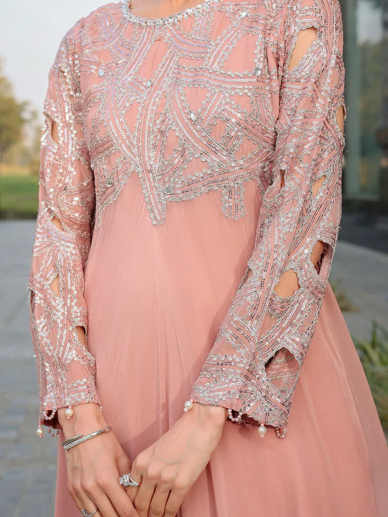 Peach pink chiffon suit with viscose sharara panel and pearl embroidery – view 5 – Poshaq