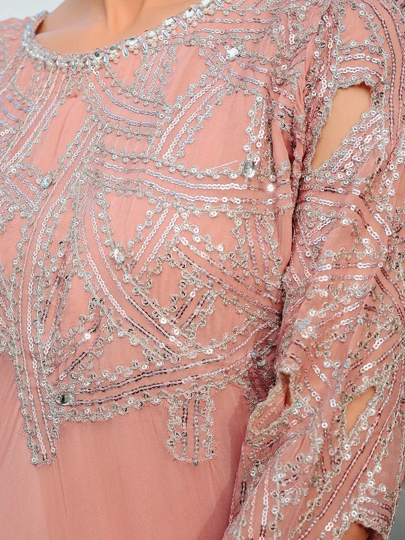 Peach pink chiffon suit with viscose sharara panel and pearl embroidery – view 6 – Poshaq