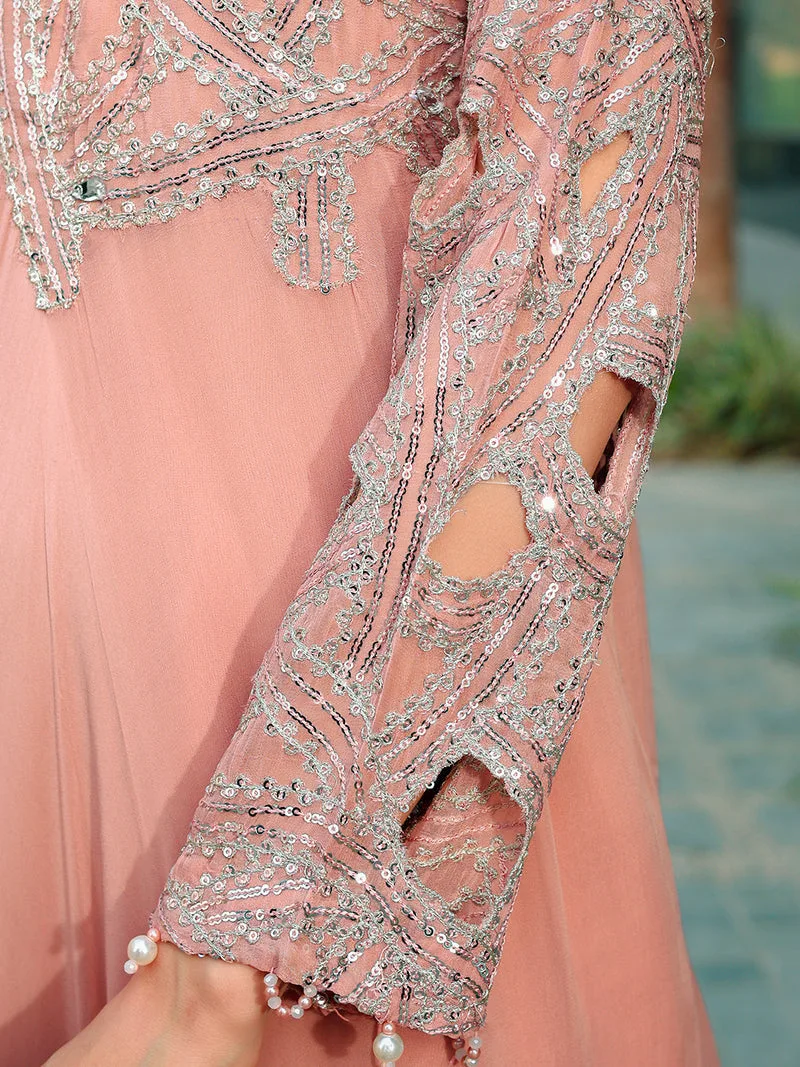 Peach pink chiffon suit with viscose sharara panel and pearl embroidery – view 7 – Poshaq