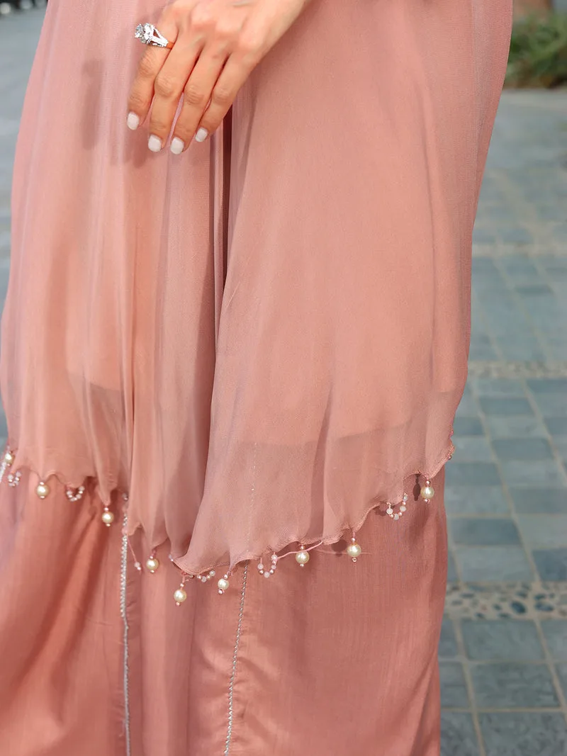 Peach pink chiffon suit with viscose sharara panel and pearl embroidery – view 8 – Poshaq