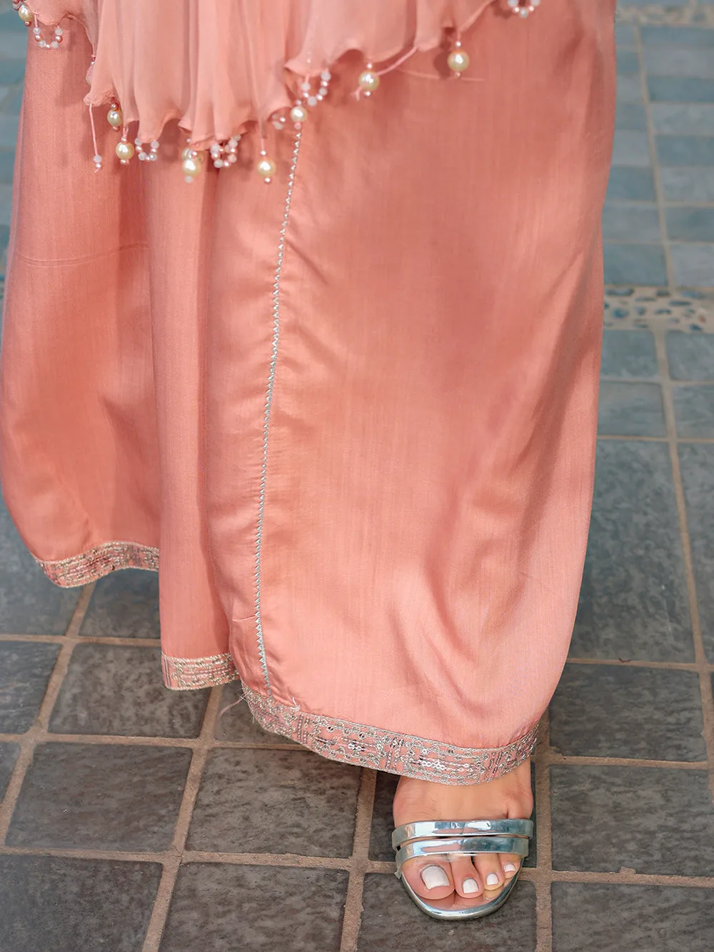 Peach pink chiffon suit with viscose sharara panel and pearl embroidery – view 9 – Poshaq