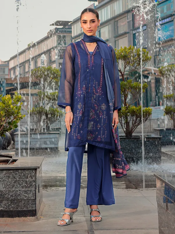 Navy organza and chiffon ensemble with crepe detailing – view 1 – Poshaq