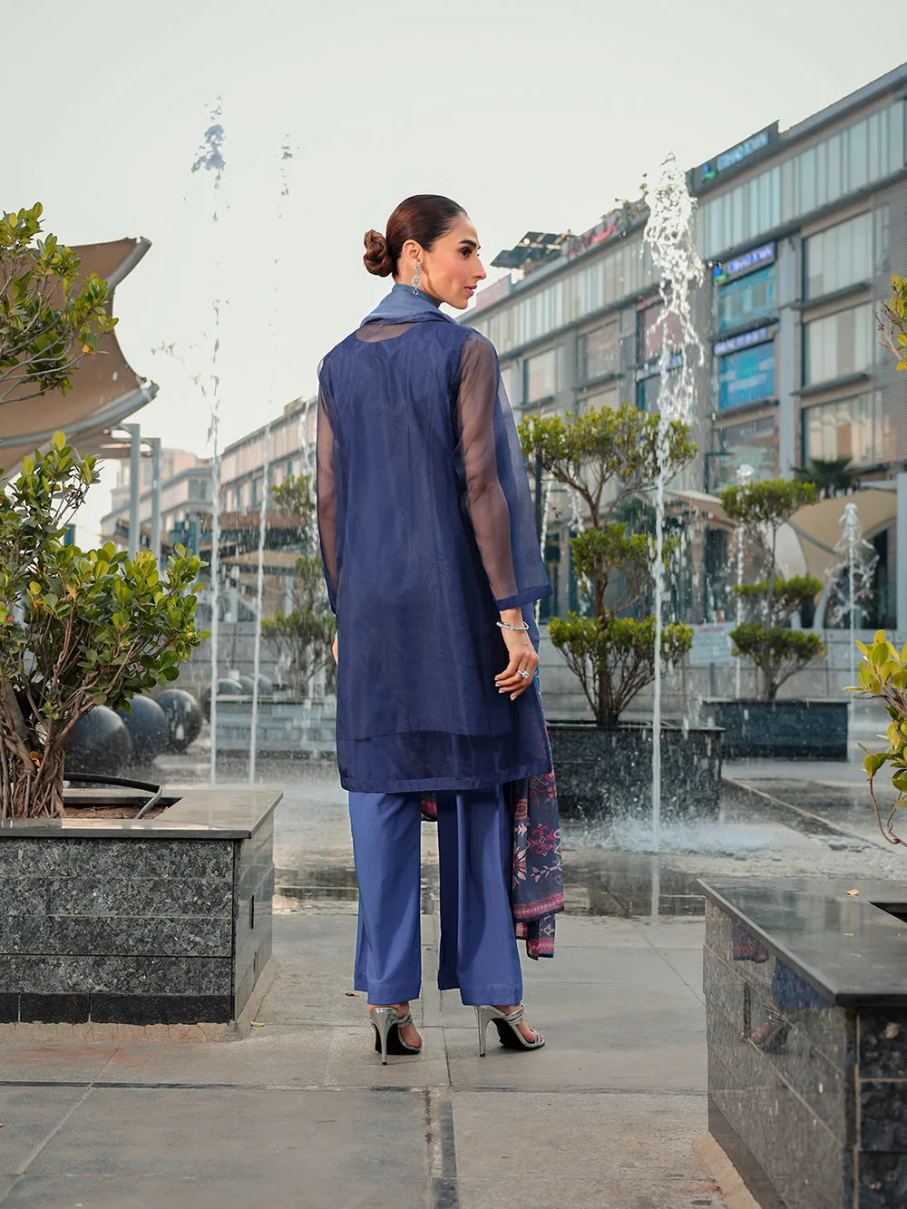 Navy organza and chiffon ensemble with crepe detailing – view 2 – Poshaq