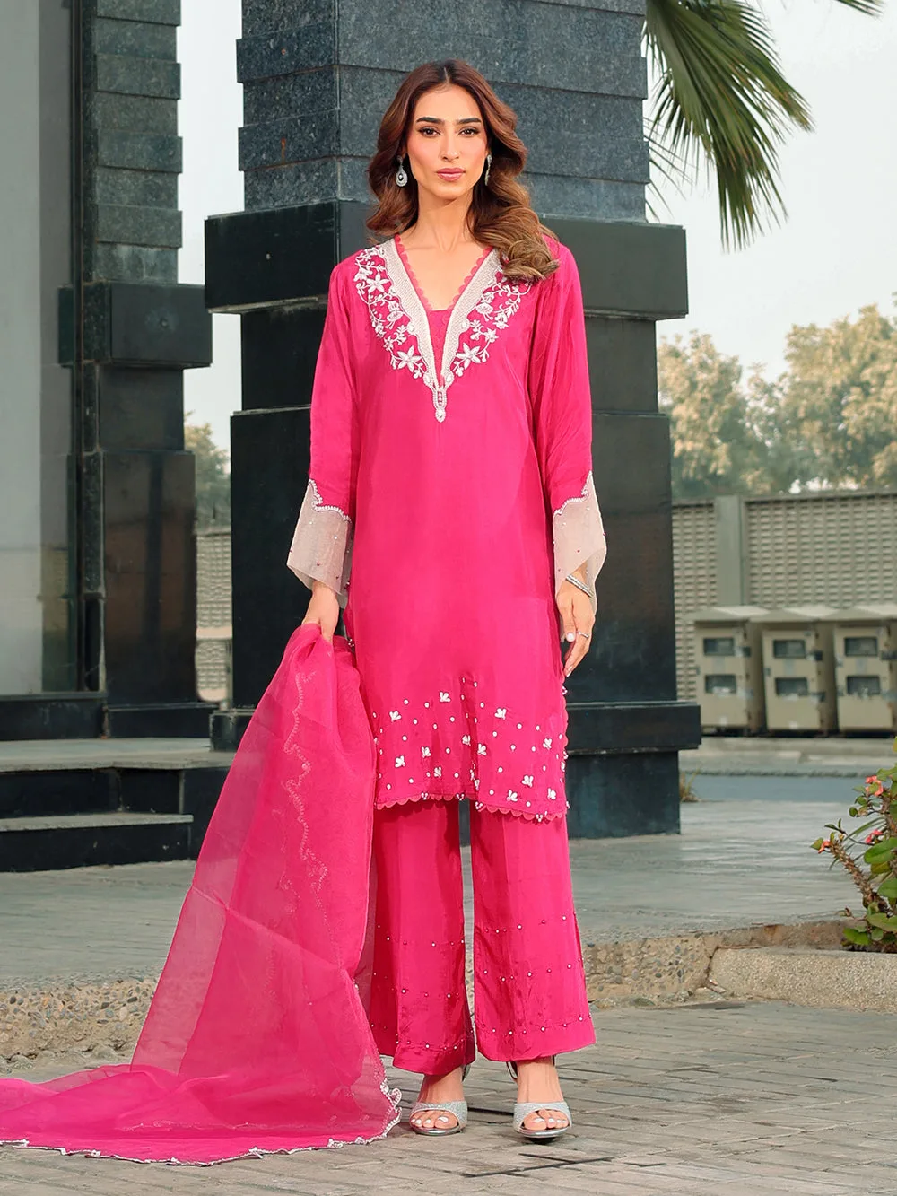 French Rose organza and silk dress by Ain with subtle sheen – view 1 – Poshaq