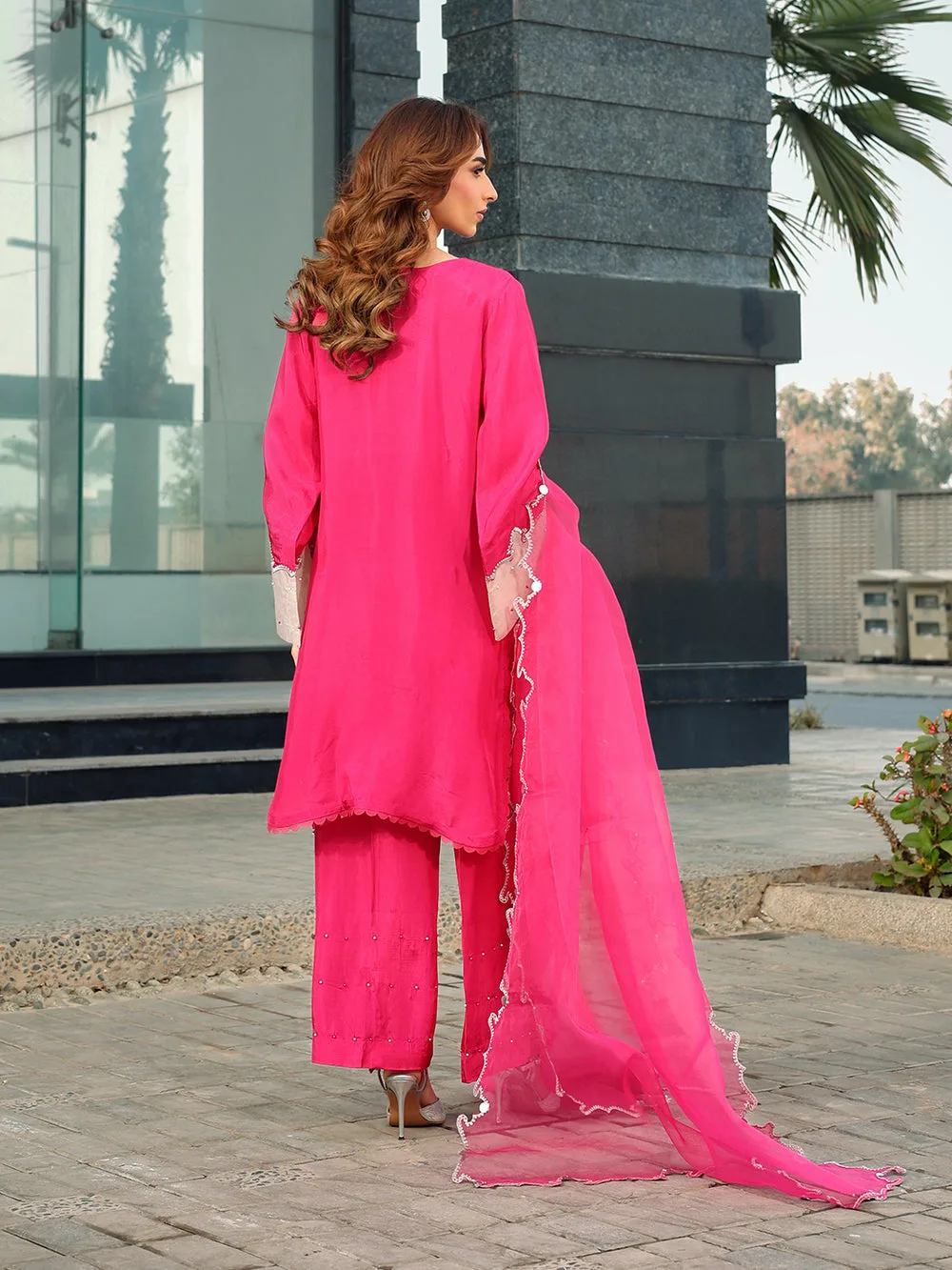 French Rose organza and silk dress by Ain with subtle sheen – view 2 – Poshaq
