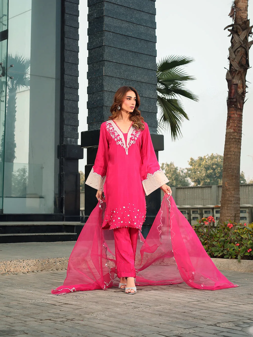 French Rose organza and silk dress by Ain with subtle sheen – view 5 – Poshaq