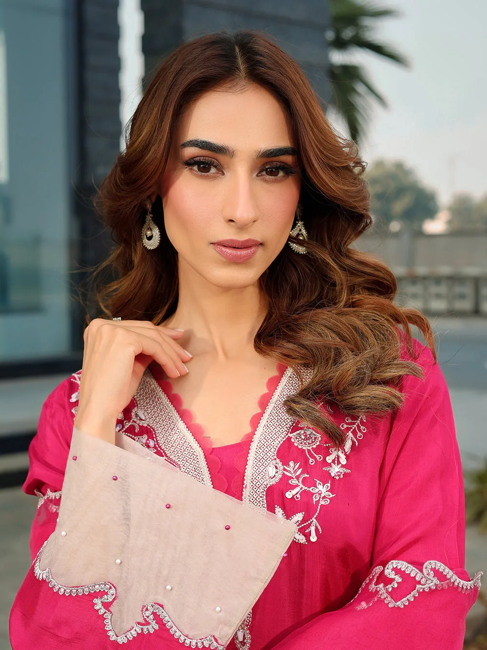 French Rose organza and silk dress by Ain with subtle sheen – view 7 – Poshaq