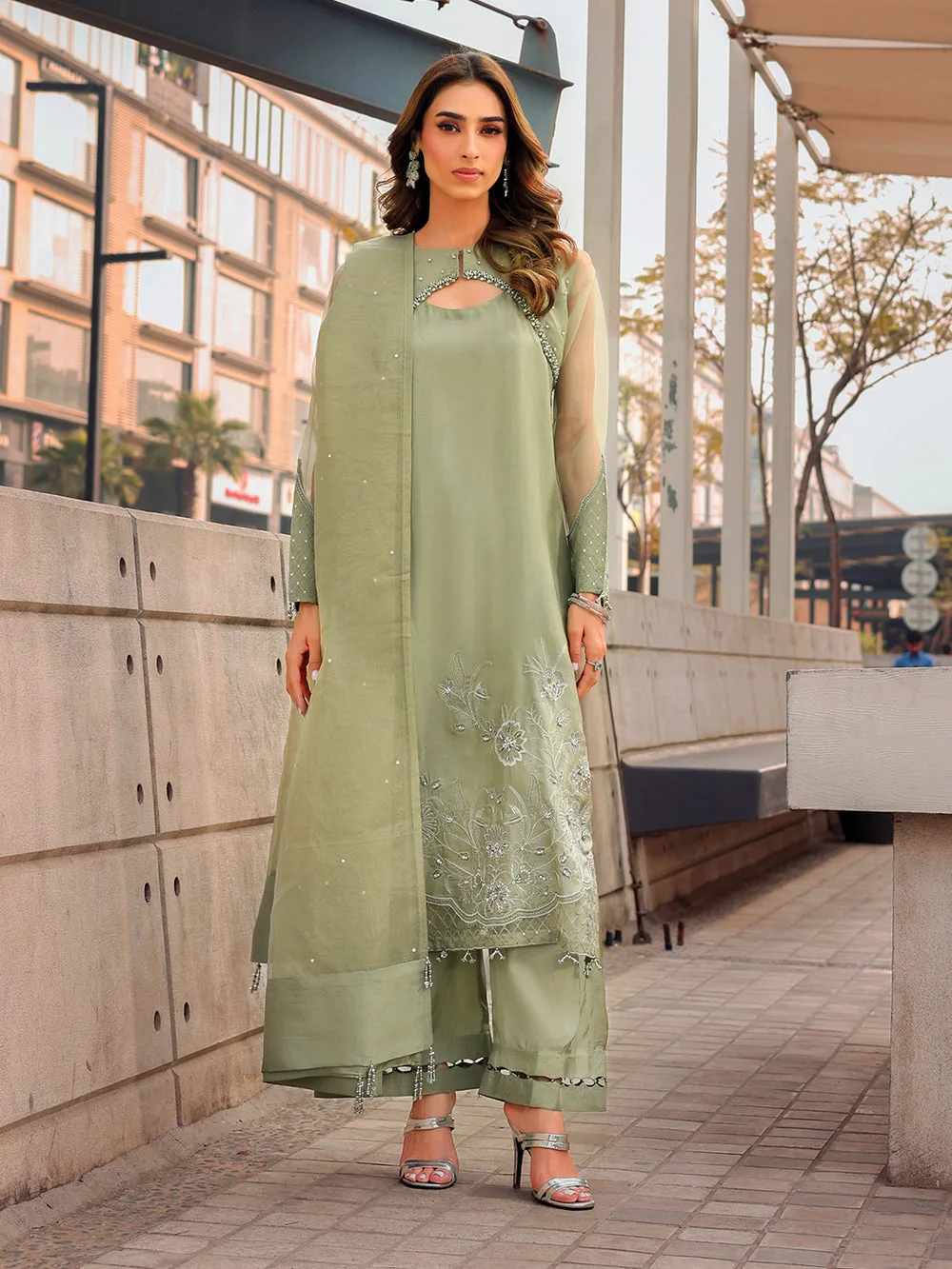 mint green long shirt with organza and silk detailing – view 1 – Poshaq