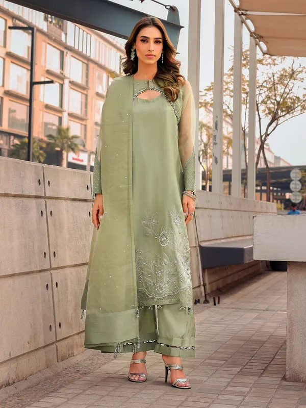 mint green long shirt with organza and silk detailing – view 1 – Poshaq