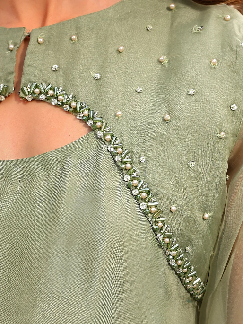 mint green long shirt with organza and silk detailing – view 10 – Poshaq