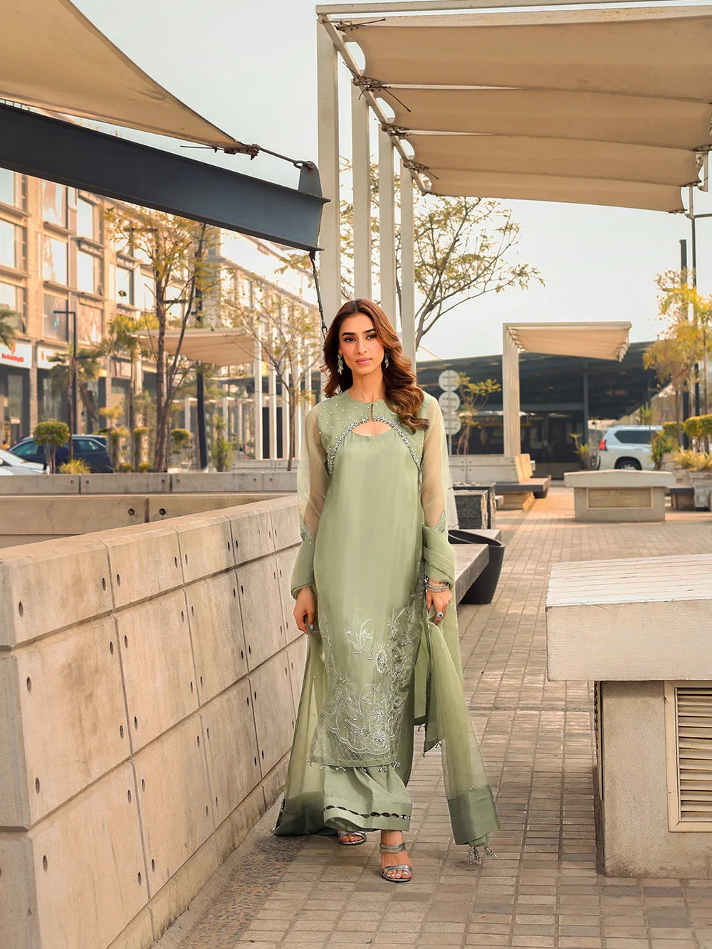 mint green long shirt with organza and silk detailing – view 12 – Poshaq
