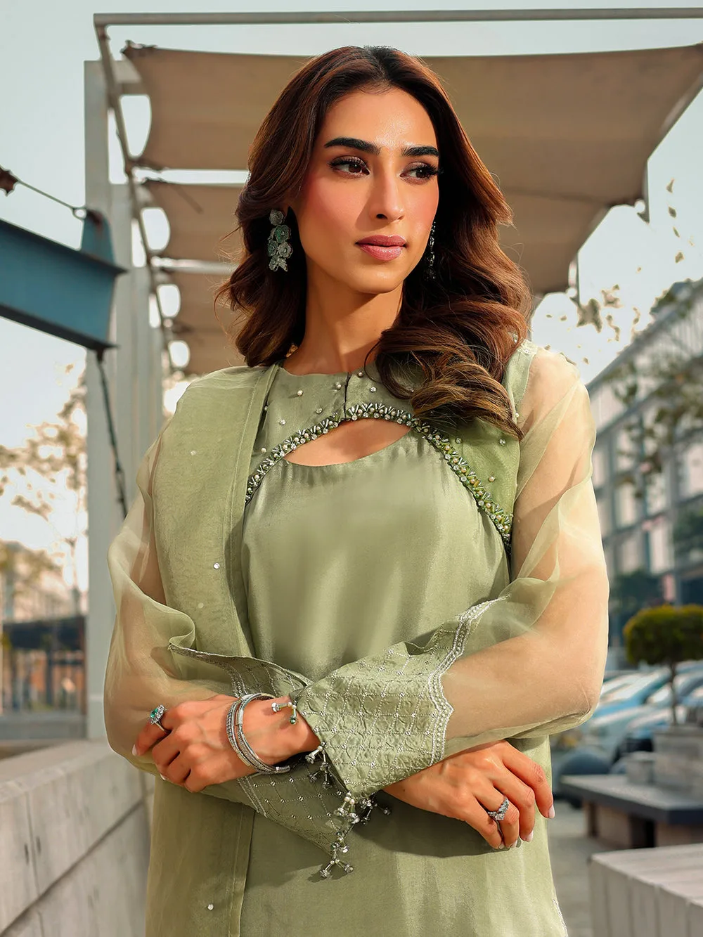 mint green long shirt with organza and silk detailing – view 13 – Poshaq