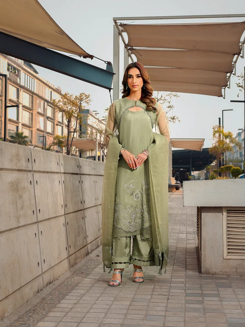 mint green long shirt with organza and silk detailing – view 14 – Poshaq