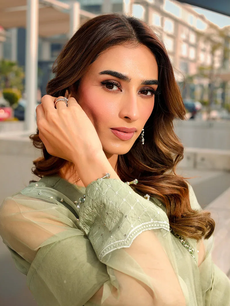 mint green long shirt with organza and silk detailing – view 15 – Poshaq