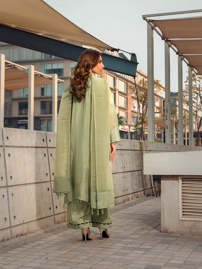 mint green long shirt with organza and silk detailing – view 2 – Poshaq