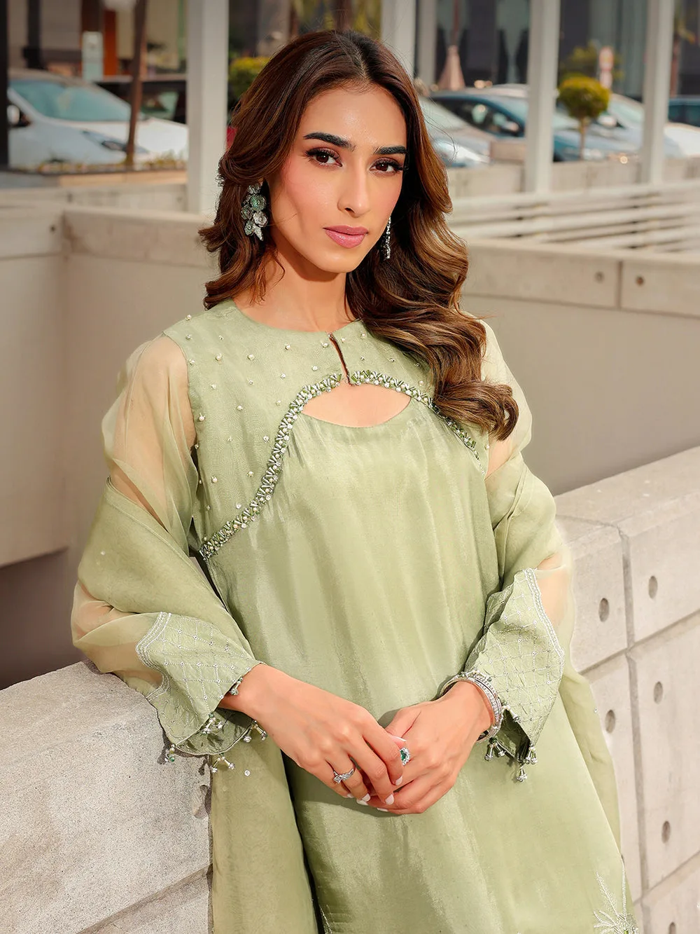 mint green long shirt with organza and silk detailing – view 3 – Poshaq