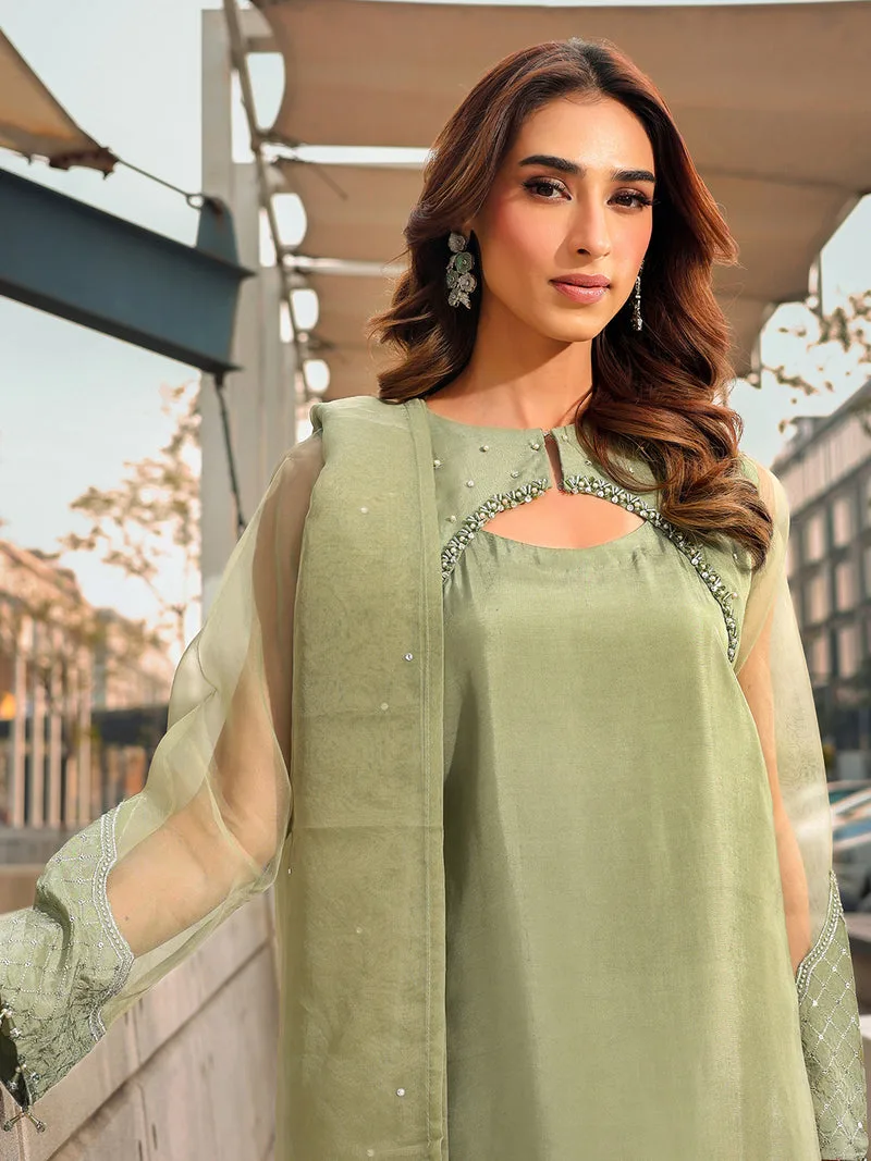 mint green long shirt with organza and silk detailing – view 4 – Poshaq