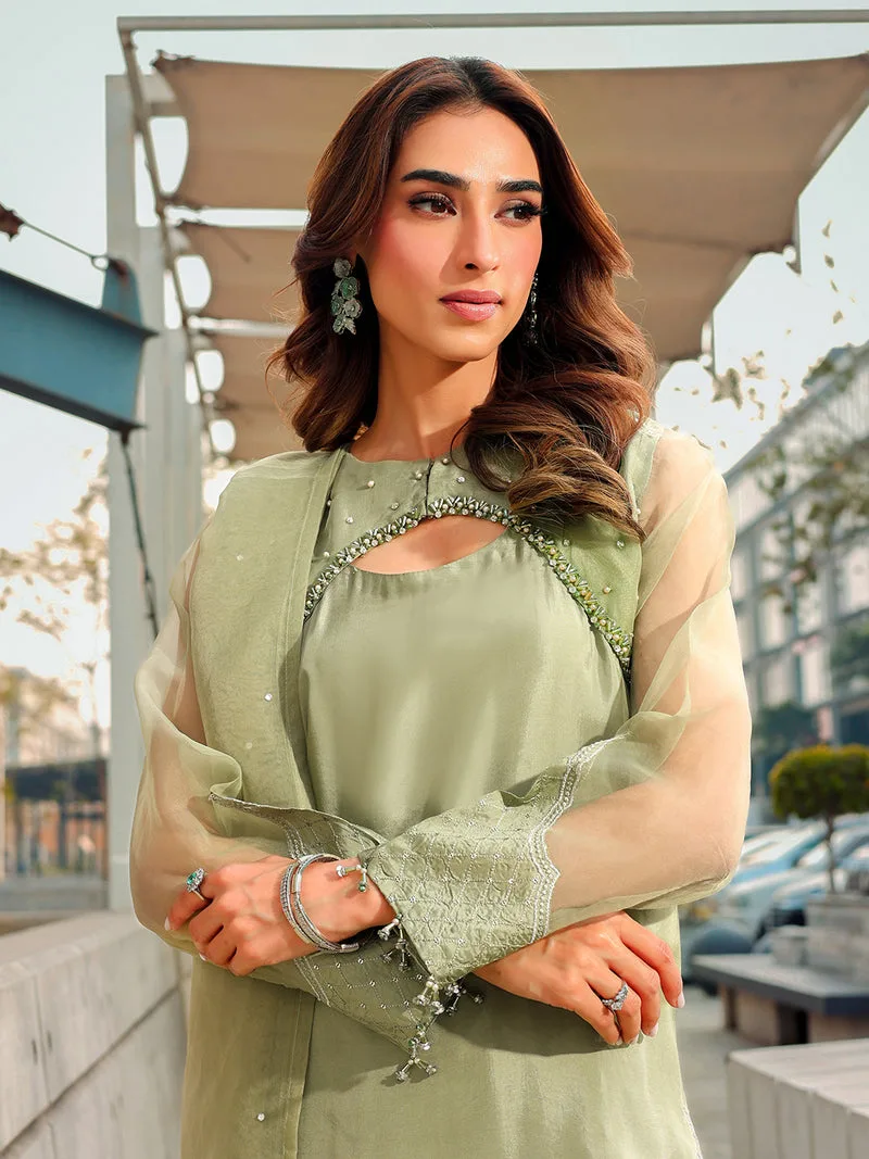 mint green long shirt with organza and silk detailing – view 5 – Poshaq