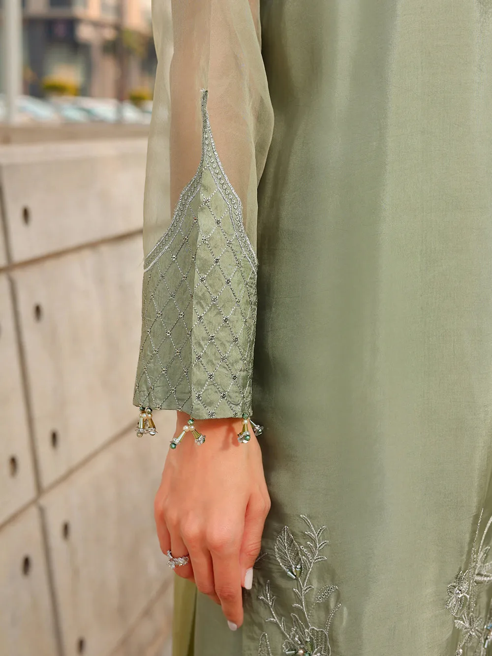 mint green long shirt with organza and silk detailing – view 6 – Poshaq