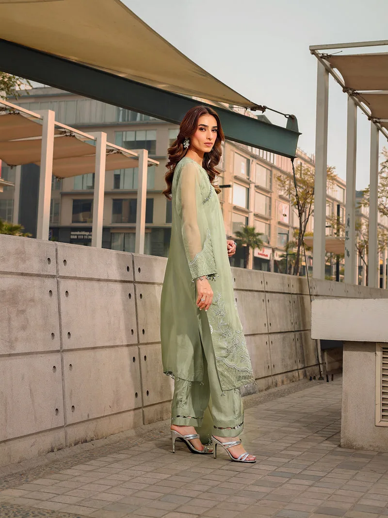 mint green long shirt with organza and silk detailing – view 7 – Poshaq
